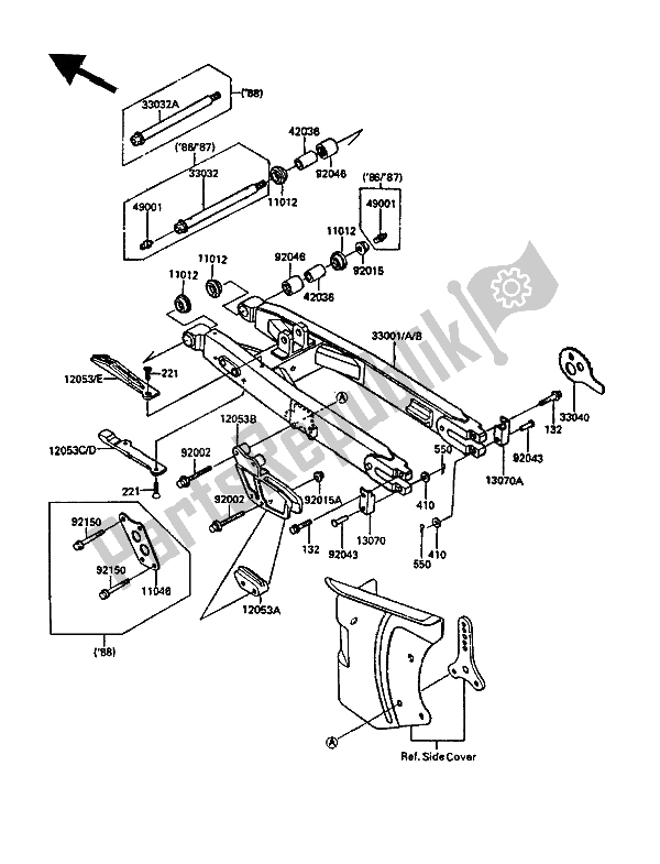 Alle onderdelen voor de Achterbrug van de Kawasaki KDX 200 1988