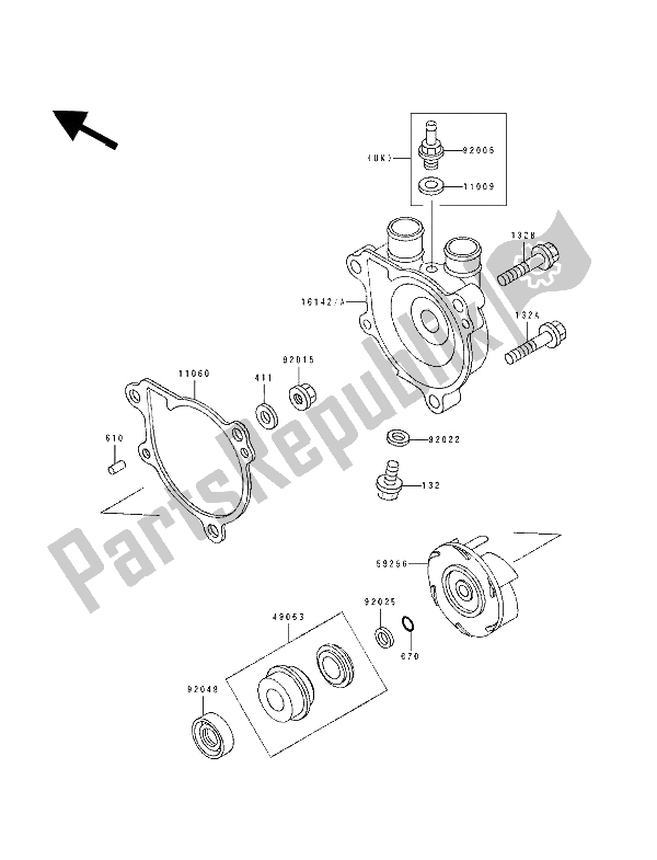 All parts for the Water Pump of the Kawasaki Tengai 650 1991