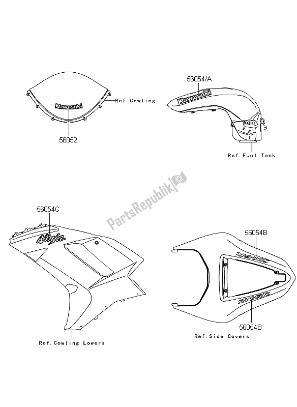 All parts for the Decals (ebony) of the Kawasaki Ninja ZX 6R 600 2008