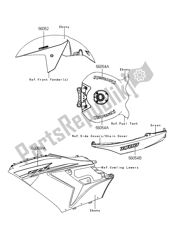 Tutte le parti per il Decalcomanie (verde) del Kawasaki ZZR 1400 ABS 2011