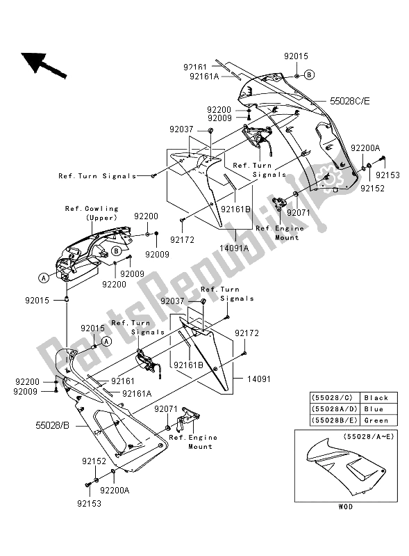 Alle onderdelen voor de Motorkap (midden) van de Kawasaki ER 6F 650 2008