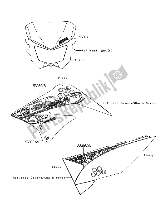 All parts for the Decals (white) of the Kawasaki D Tracker 125 2012