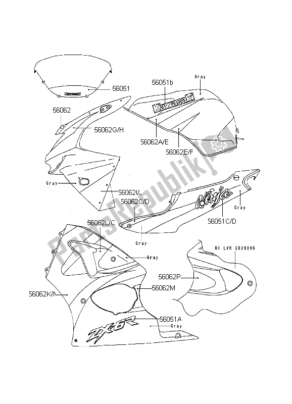 Todas as partes de Deacls (cinza-cinza) do Kawasaki Ninja ZX 6R 600 1999