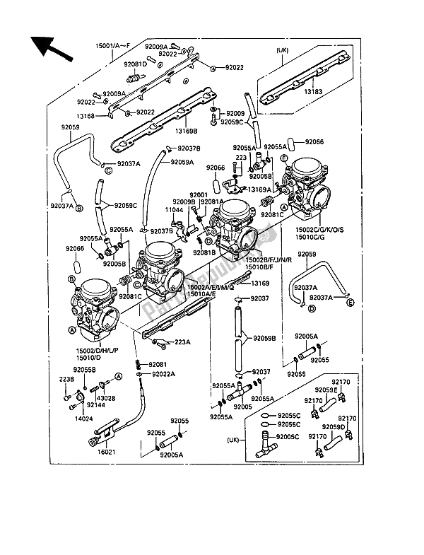 Tutte le parti per il Carburatore del Kawasaki 1000 GTR 1989