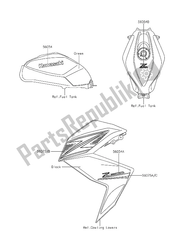 Tutte le parti per il Decalcomanie (verde) del Kawasaki Z 300 2016