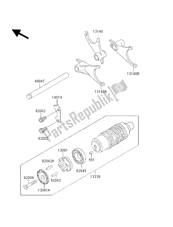All parts for the Gear Change Drum & Shift Fork of the Kawasaki 1000 GTR 1996