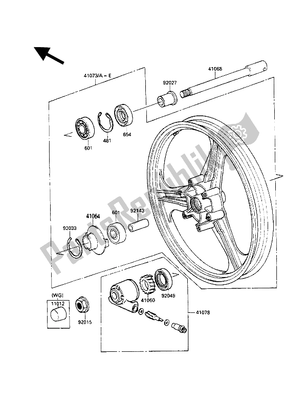 All parts for the Front Hub of the Kawasaki GPZ 500S 1988