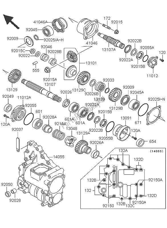 All parts for the Front Bevel Gear of the Kawasaki KLF 300 4X4 2005