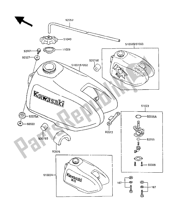 All parts for the Fuel Tank of the Kawasaki KX 60 1987