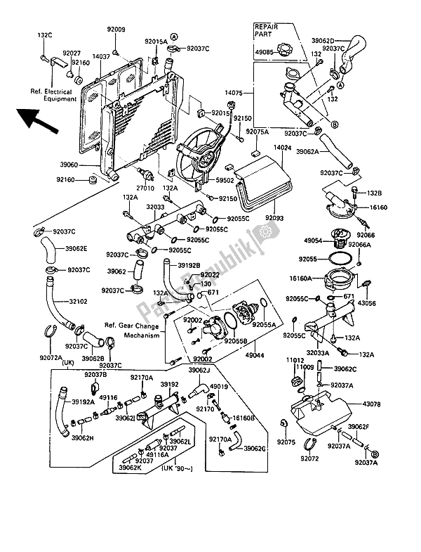 Todas as partes de Radiador do Kawasaki 1000 GTR 1991