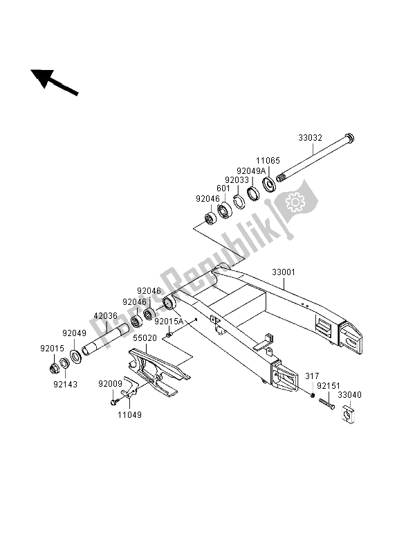 All parts for the Swingarm of the Kawasaki Ninja ZX 6R 600 1998