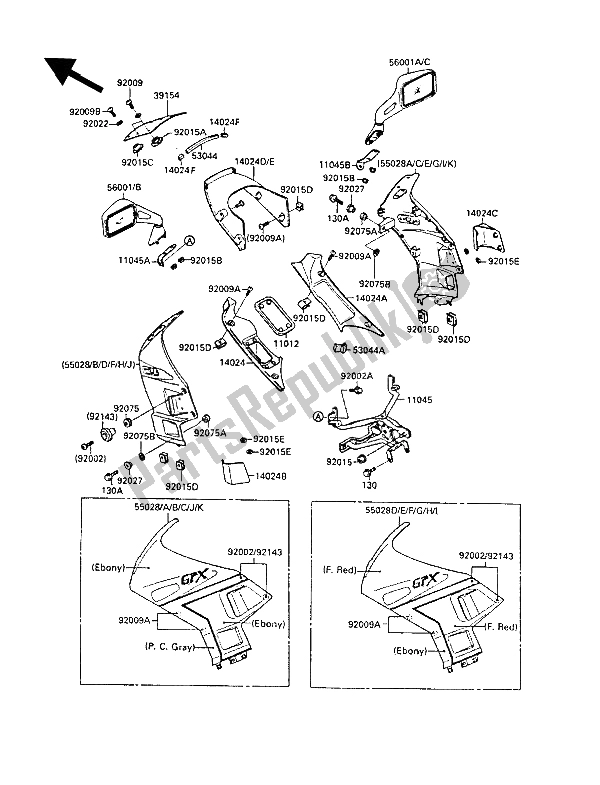 Alle onderdelen voor de Motorkap van de Kawasaki GPX 750R 1988