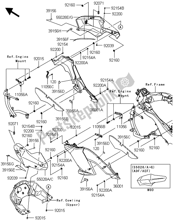 All parts for the Cowling (center) of the Kawasaki Versys 1000 2014