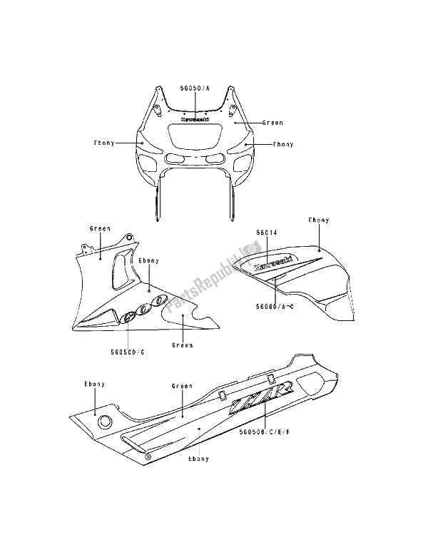 All parts for the Decals(ebony-green) of the Kawasaki ZZ R 600 1993