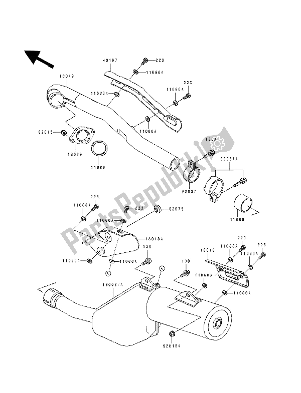 All parts for the Muffler of the Kawasaki Tengai 650 1991