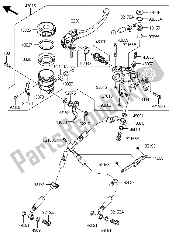 All parts for the Front Master Cylinder of the Kawasaki Ninja ZX 10R 1000 2010