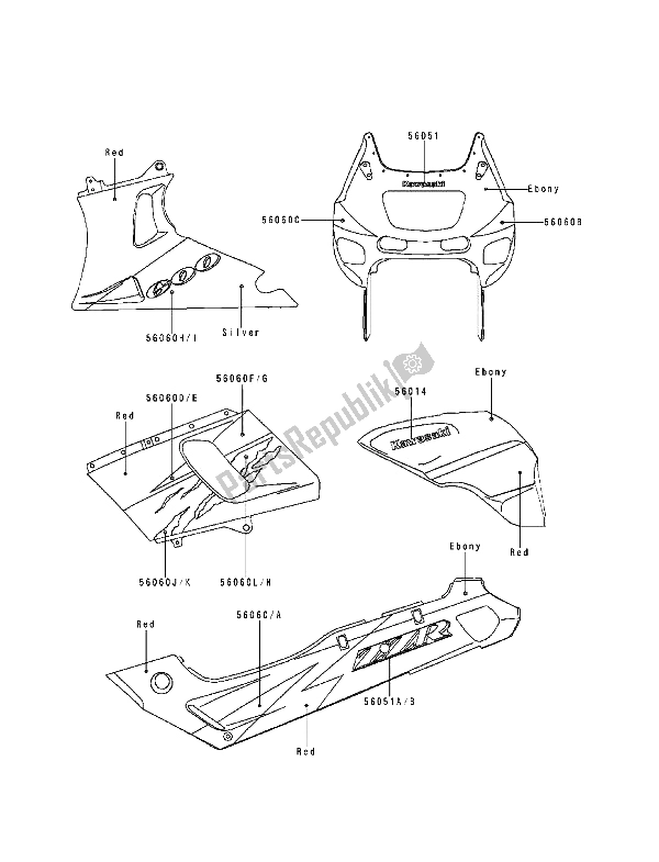 All parts for the Decals(ebony-red) of the Kawasaki ZZ R 600 1994