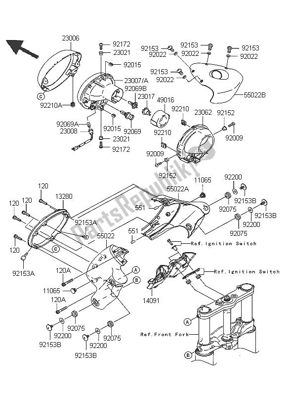 All parts for the Headlight of the Kawasaki VN 2000 2005