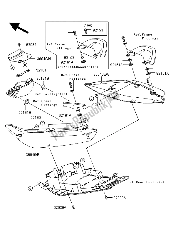 Alle onderdelen voor de Stoelhoes van de Kawasaki ER 6F 650 2006