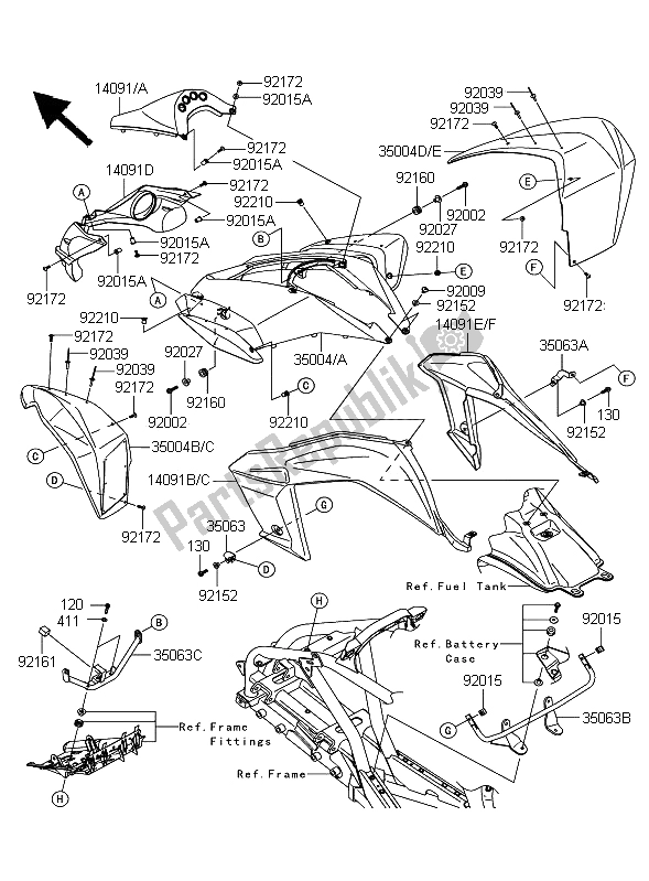 All parts for the Front Fender of the Kawasaki KFX 450R 2009
