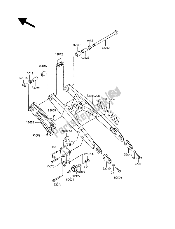 All parts for the Swingarm of the Kawasaki KX 60 1986