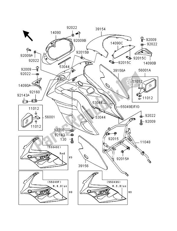 All parts for the Cowling of the Kawasaki GPZ 500S 1995