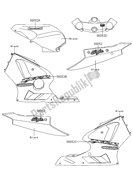 Alle onderdelen voor de Stickers (zwart) van de Kawasaki Ninja ZX 12R 1200 2004