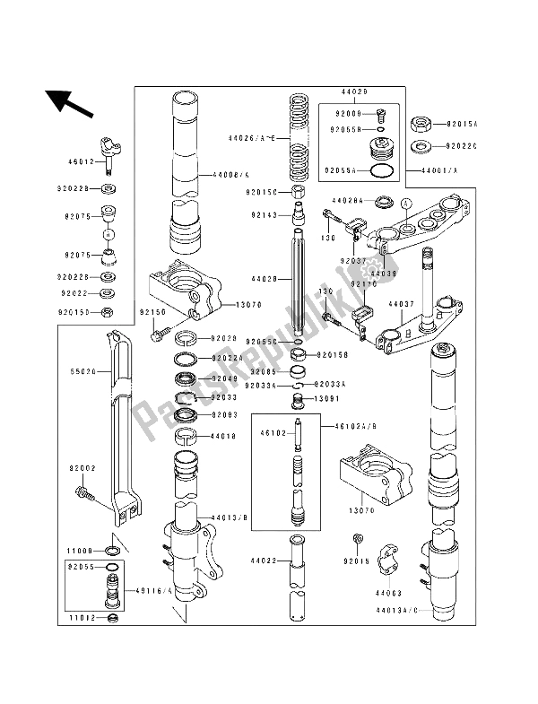 Todas as partes de Garfo Dianteiro do Kawasaki KX 250 1991