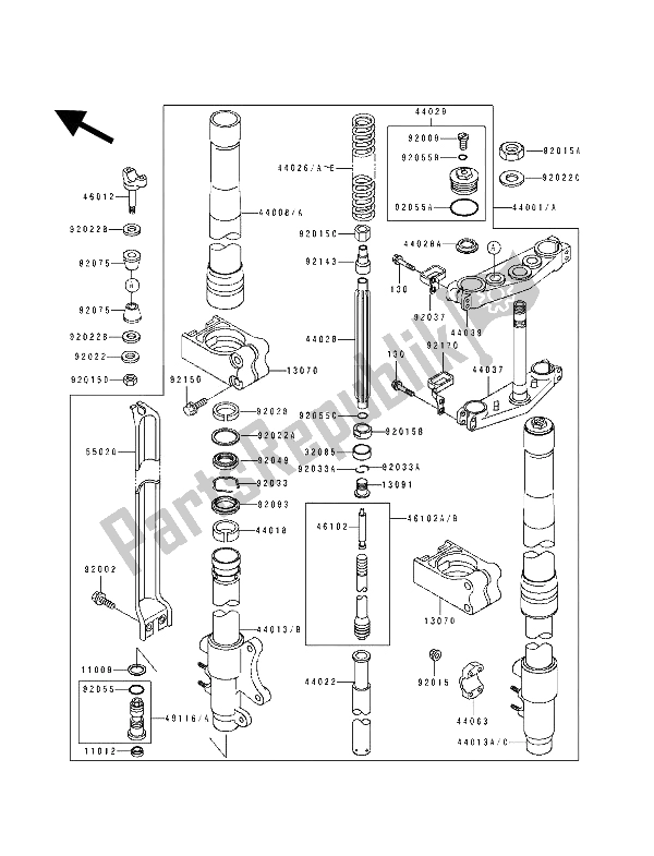 Todas as partes de Garfo Dianteiro do Kawasaki KX 250 1991