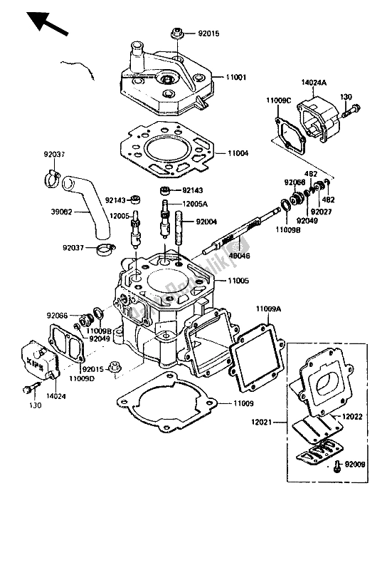 All parts for the Cylinder Head & Cylinder of the Kawasaki KX 125 1987