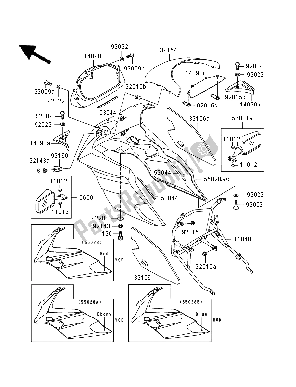 Alle onderdelen voor de Motorkap van de Kawasaki GPZ 500S 1997