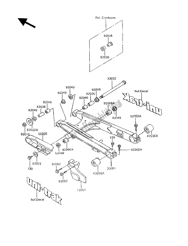 Alle onderdelen voor de Achterbrug van de Kawasaki KLR 600 1994