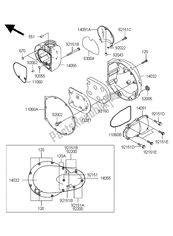 All parts for the Right Engine Cover of the Kawasaki W 650 2004