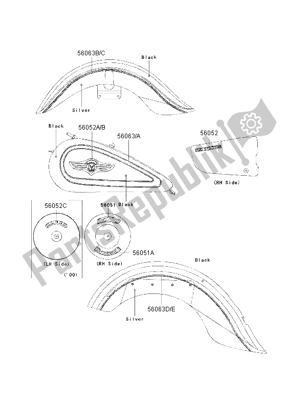 Tutte le parti per il Decalcomanie (nero-argento) del Kawasaki VN 1500 Classic FI 2000