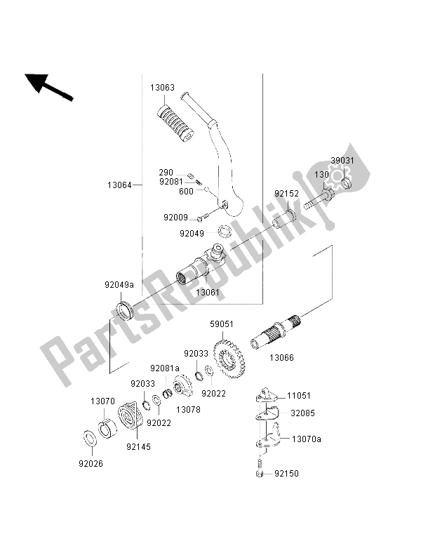 All parts for the Kickstarter Mechanism of the Kawasaki W 650 2002