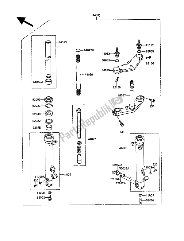 All parts for the Front Fork of the Kawasaki KR 1 250 1991