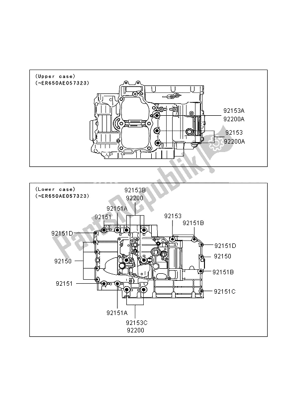 All parts for the Crankcase Bolt Pattern ( Er650ae057323) of the Kawasaki ER 6N ABS 650 2006