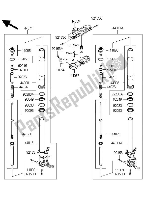 Alle onderdelen voor de Voorvork van de Kawasaki ZZR 1400 2006