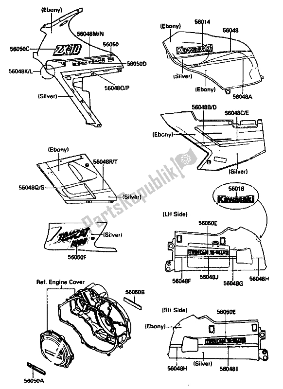 All parts for the Decal (ebony-silver) of the Kawasaki ZX 10 1000 1988