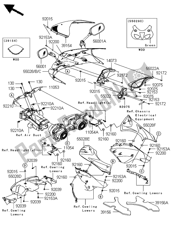 Tutte le parti per il Cuffia del Kawasaki Ninja ZX 6R 600 2008