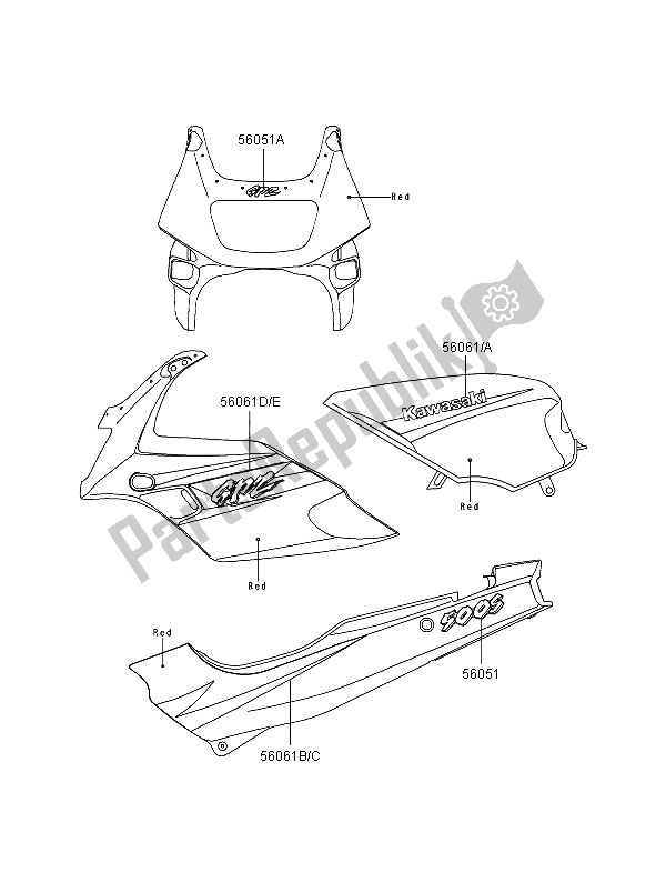 Tutte le parti per il Decalcomanie (rosso) del Kawasaki GPZ 500S 1996