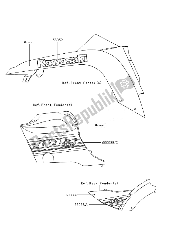 All parts for the Decals (green) (eu,uk) of the Kawasaki KVF 360 4X4 2010