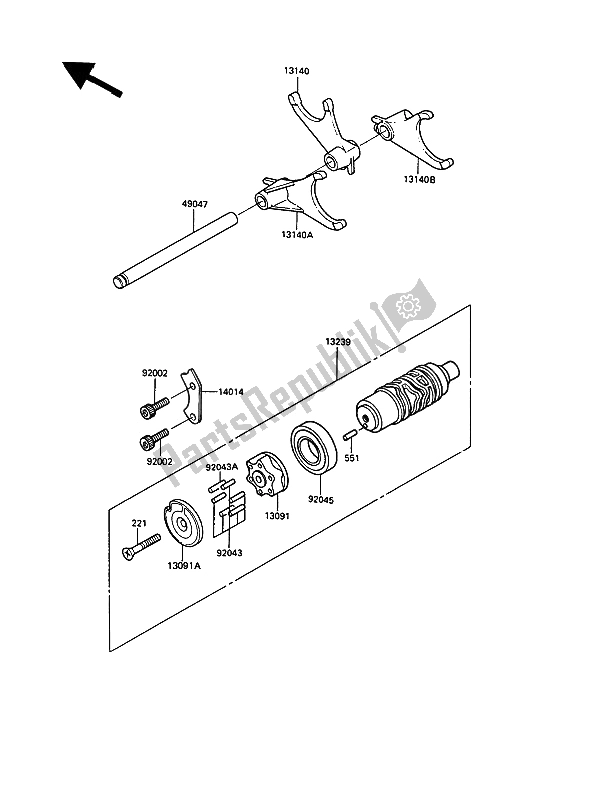 All parts for the Change Drum & Shift Fork of the Kawasaki 1000 GTR 1991