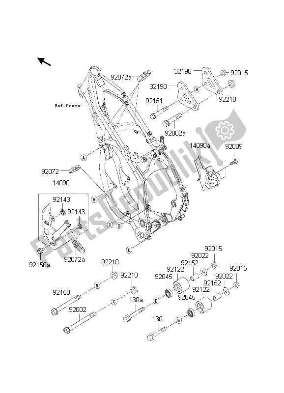 Alle onderdelen voor de Frame Hulpstukken van de Kawasaki KX 250 2002