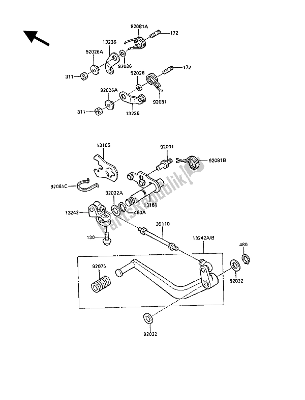 All parts for the Gear Change Mechanism of the Kawasaki GPZ 900R 1988