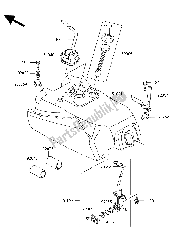 Alle onderdelen voor de Benzinetank van de Kawasaki KLF 300 2004