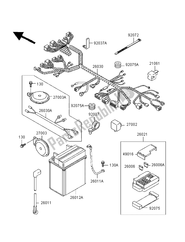 Alle onderdelen voor de Chassis Elektrische Apparatuur van de Kawasaki EN 500 1998