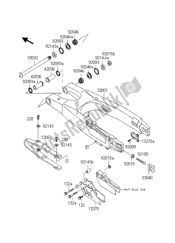 All parts for the Swingarm of the Kawasaki KX 125 1998