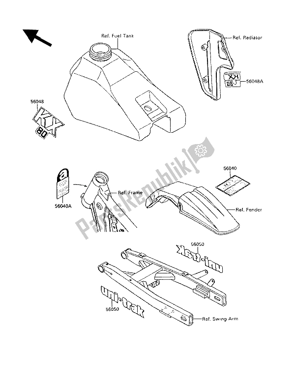 All parts for the Labels of the Kawasaki KX 80 1989