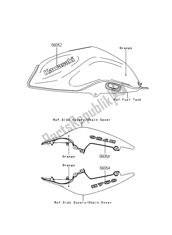Tutte le parti per il Decalcomanie (arancione) del Kawasaki Z 750 2010